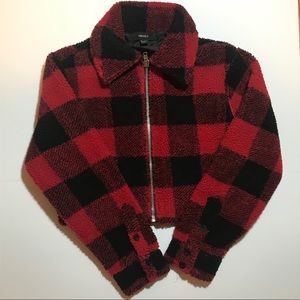 Teddy Bear Cropped Plaid Sweater Red Black